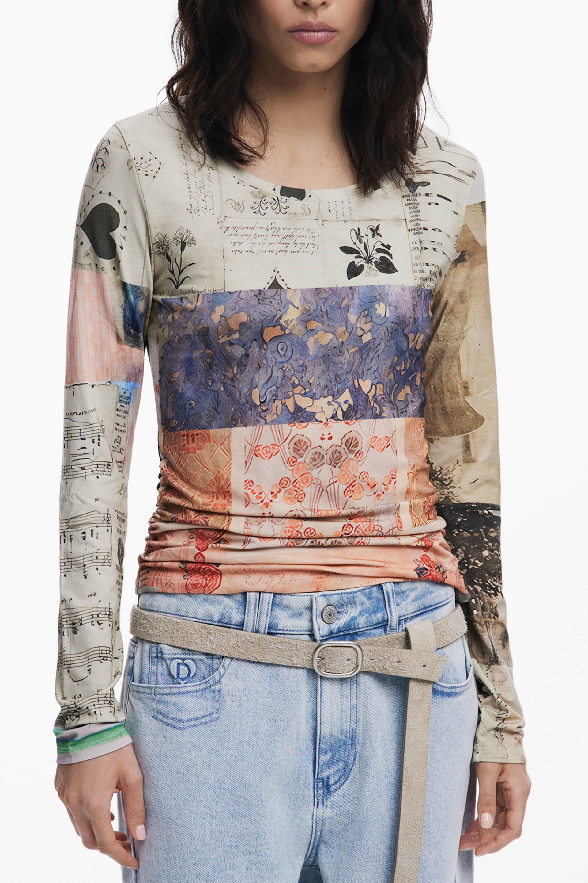 Desigual mujer manga larga t-camisa beige