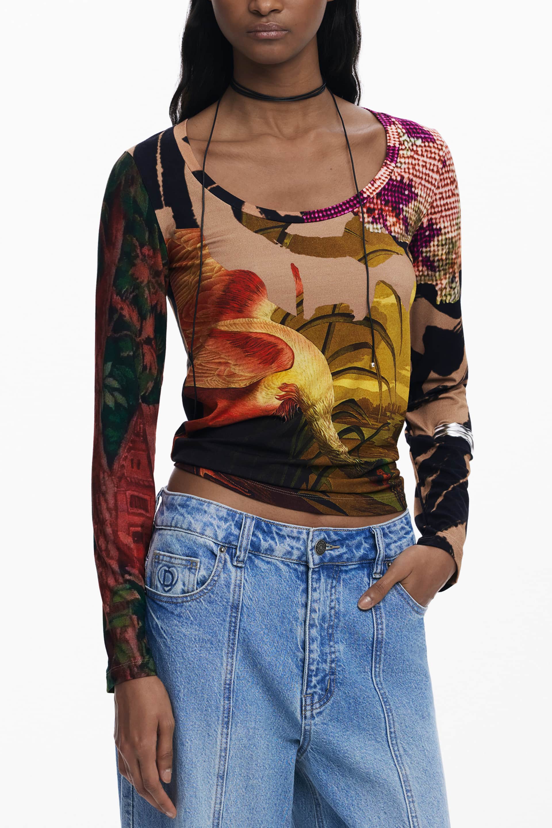 Desigual mujer manga larga t-camisa, marrón