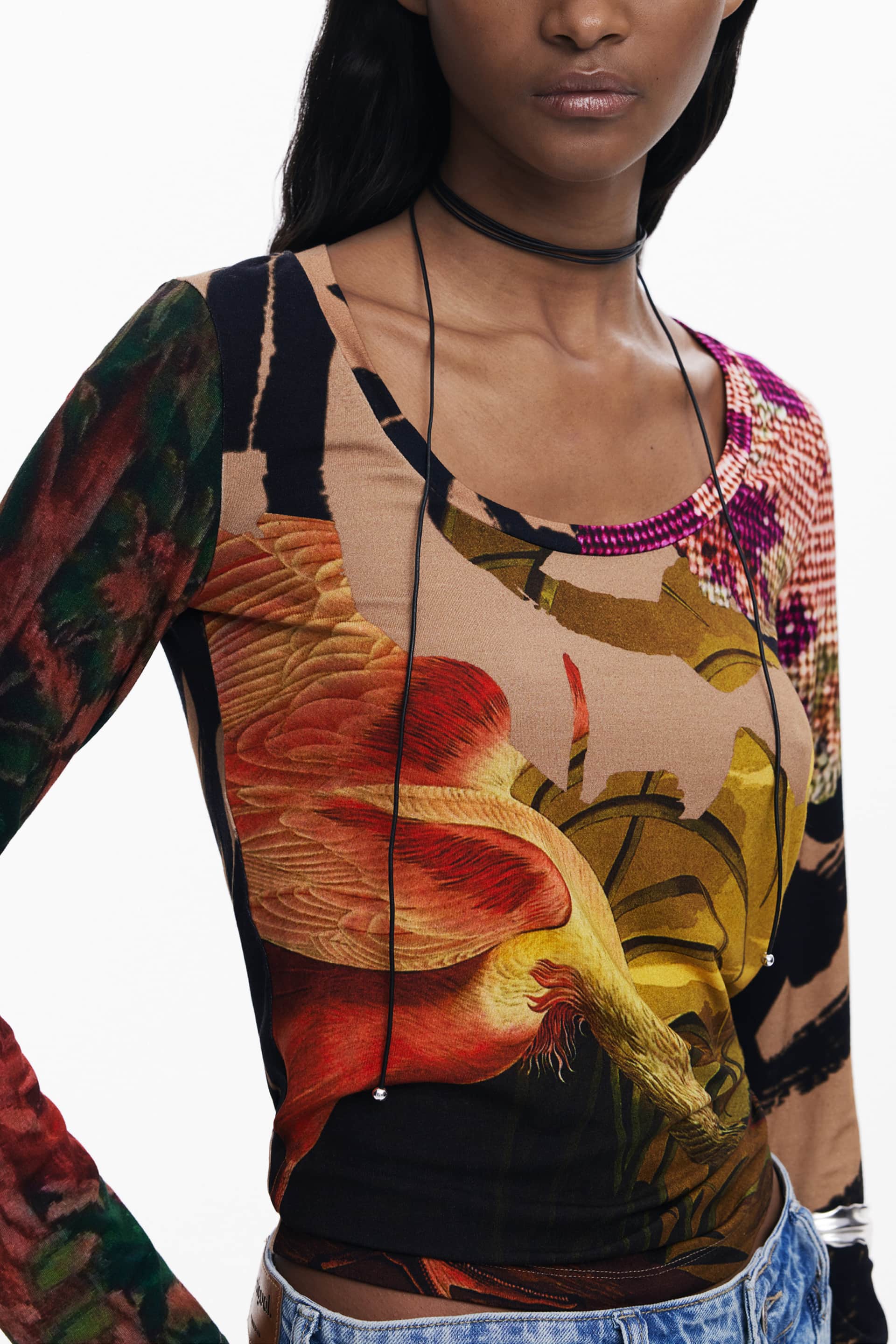 Desigual mujer manga larga t-camisa, marrón